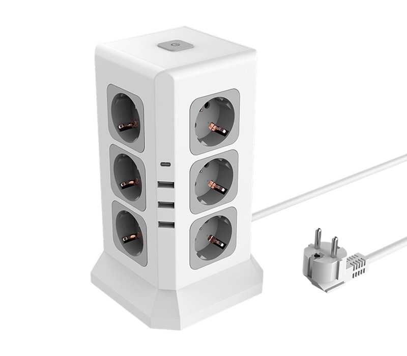 E11 Strip Daya Multi-Fungsi Berkabel dengan 12 Stopkontak Bergaya Eropa, 3 Port USB-A, dan 1 Port USB-C, dengan Sakelar