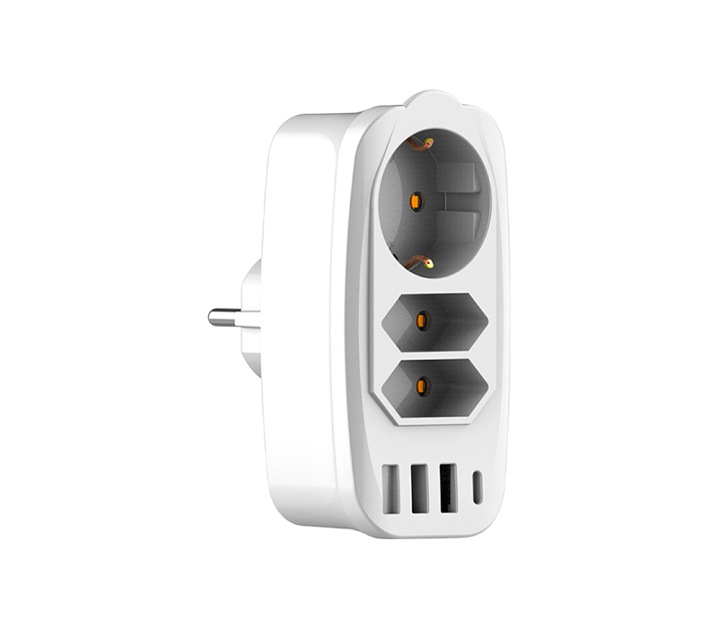 Strip daya multi-fungsi plug-in E06 dilengkapi 2 soket Tipe C Eropa, 1 soket Tipe F Eropa, 3 port USB-A, dan 1 port USB-C