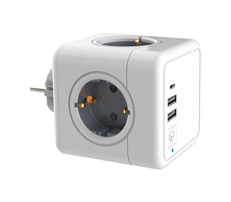 Strip Daya Kubus Plug-in E02C dengan 4 Outlet Bergaya Euro, 2 Port USB-A, dan 1 port USB-C