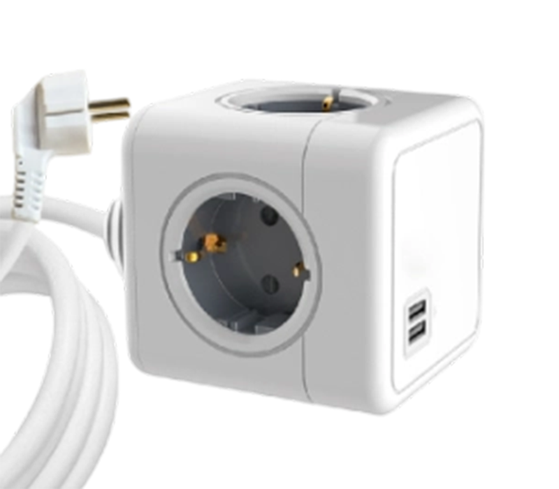 E04A Wired Cube Power Strip Dengan 4 Outlet Bergaya Eropa dan 2 Port USB-A