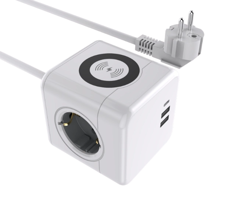 E07 Wired Cube Power Strip Dilengkapi 3 Stopkontak Bergaya Eropa, 2 Port USB-A, dan 1 Port USB-C