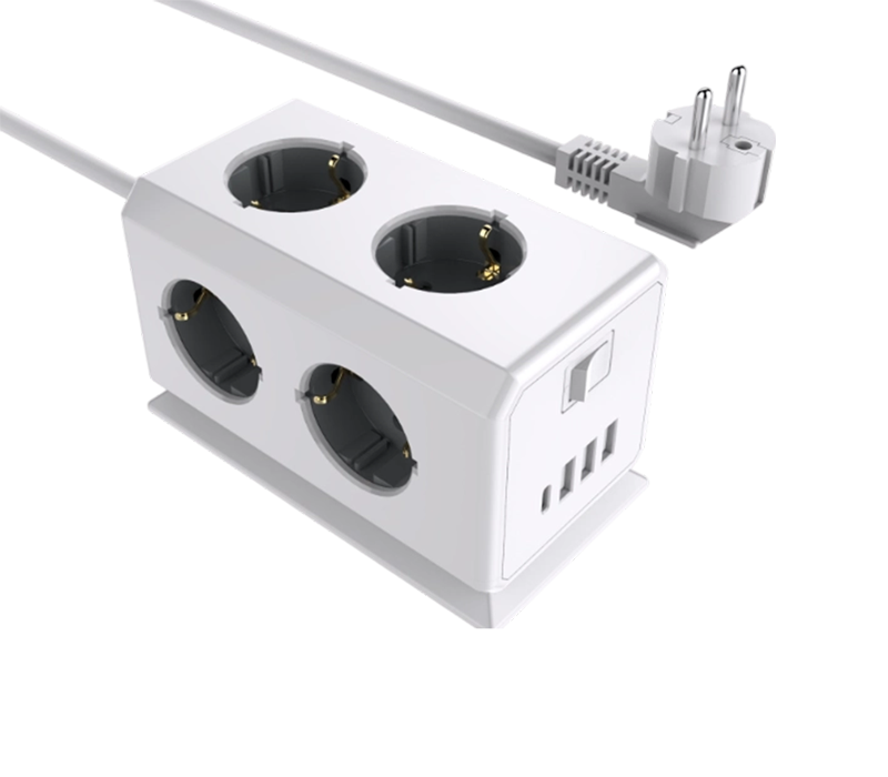 E08 Strip Daya Multi-Fungsi Berkabel dengan 6 Stopkontak Bergaya Eropa, 3 Port USB-A, dan 1 Port USB-C, dengan Sakelar