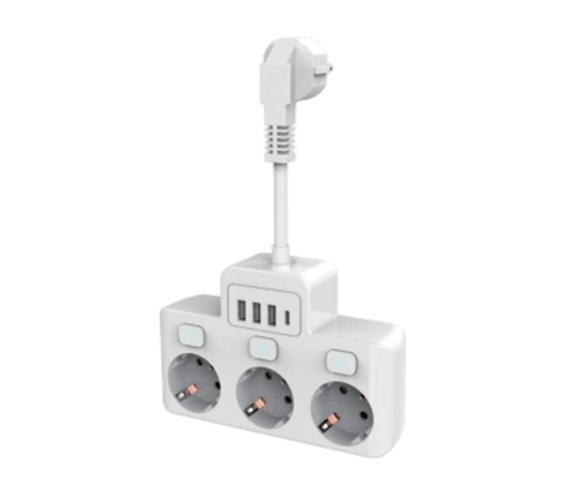 Strip Daya Berkabel E14 dengan 3 Stopkontak Bergaya Eropa, 3 Port USB-A, dan 1 Port USB-C, dengan Sakelar Independen
