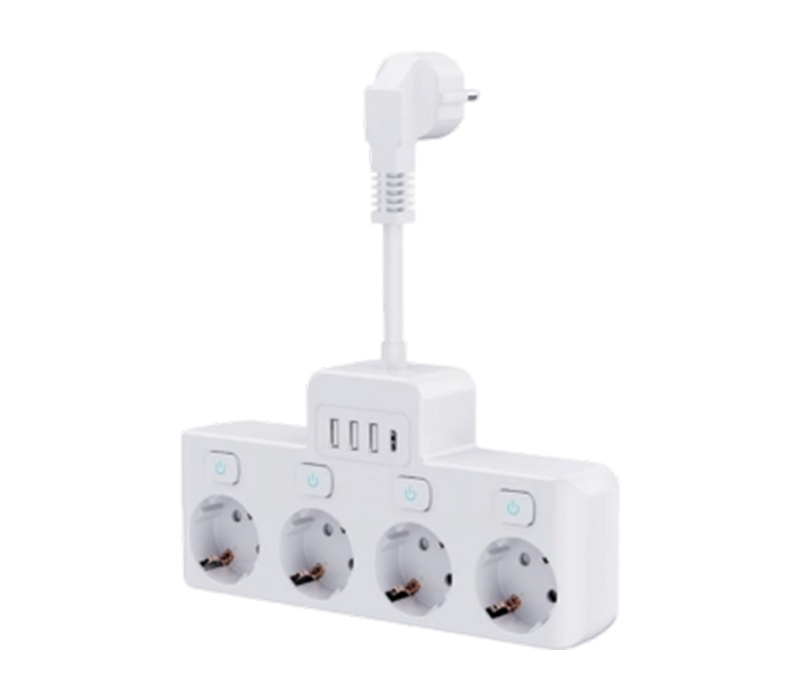 E14-4 Strip Daya Berkabel dengan 4 Stopkontak Bergaya Eropa, 3 Port USB-A, dan 1 Port USB-C, dengan Sakelar Independen