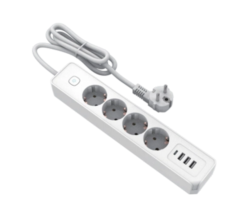 E21-4 Strip Daya Bergaya Eropa dengan 4 Stopkontak, 3 Port USB-A, dan 1 Port USB-C, Termasuk Sakelar