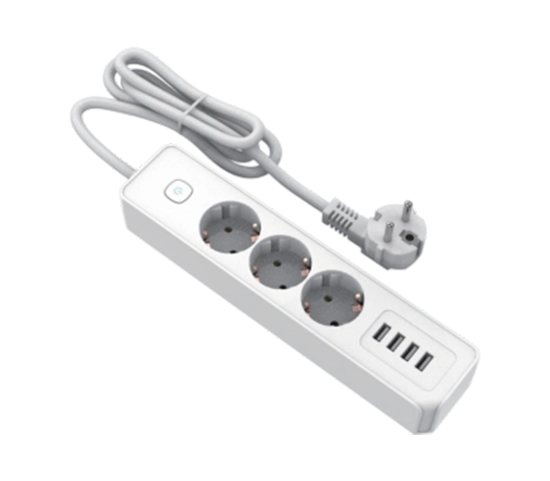 E22-3 Strip Daya Bergaya Eropa dengan 3 Stopkontak, dan 4 Port USB-A, Termasuk Sakelar