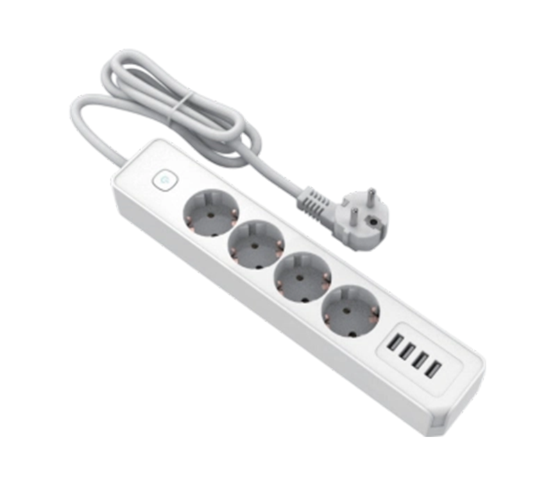 E22-4 Strip Daya Bergaya Eropa dengan 4 Stopkontak, dan 4 Port USB-A, Termasuk Sakelar