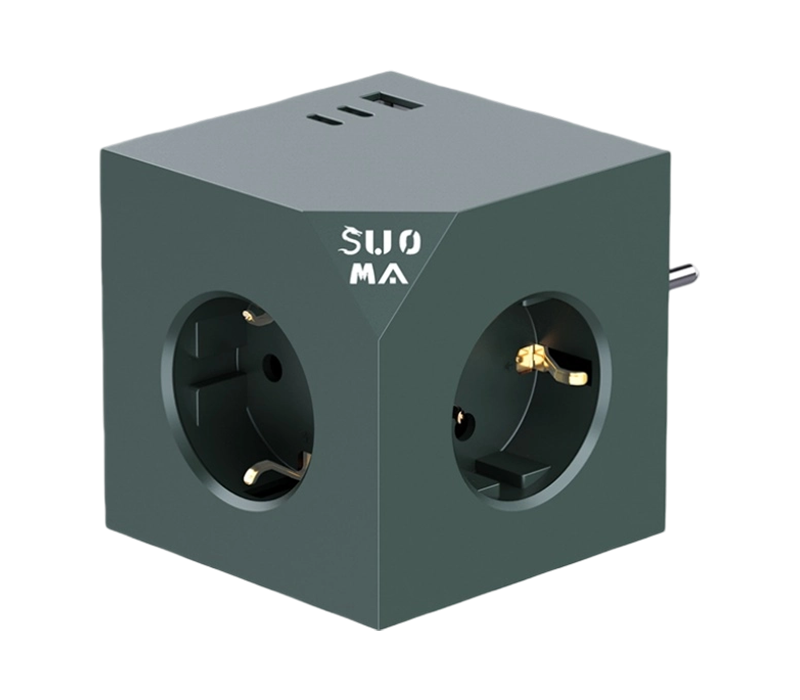 Strip Daya Kubus Plug-In E24 Dengan 3 Stopkontak Bergaya Eropa, 1 Port USB-A, dan 2 Port USB-C