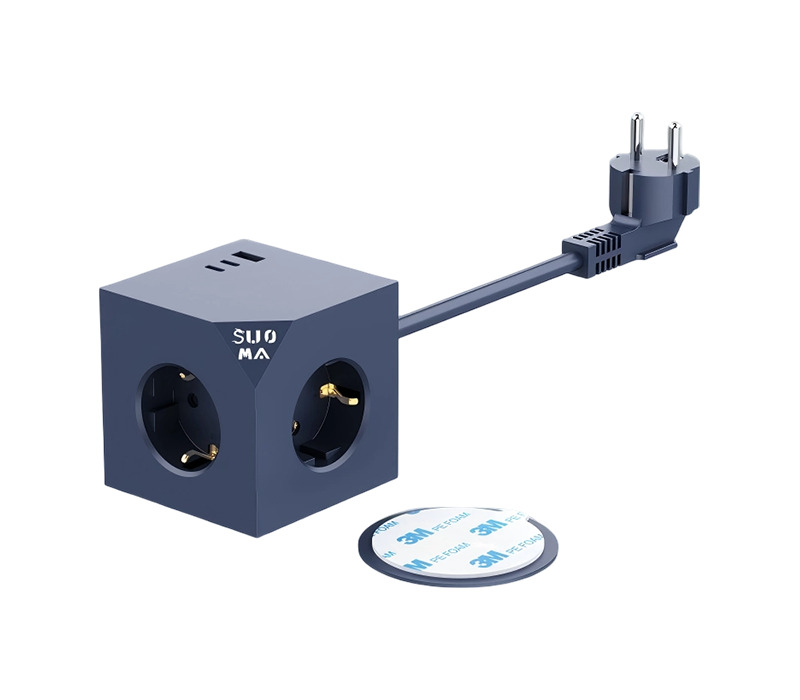 E25 Strip Daya Kubus Berkabel dengan 3 Stopkontak Bergaya Eropa, 1 Port USB-A, dan 2 Port USB-C, dengan Stiker Perekat 3M