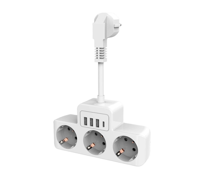 Strip Daya Berkabel E13 dengan 3 Stopkontak Bergaya Eropa, 3 Port USB-A, dan 1 Port USB-C