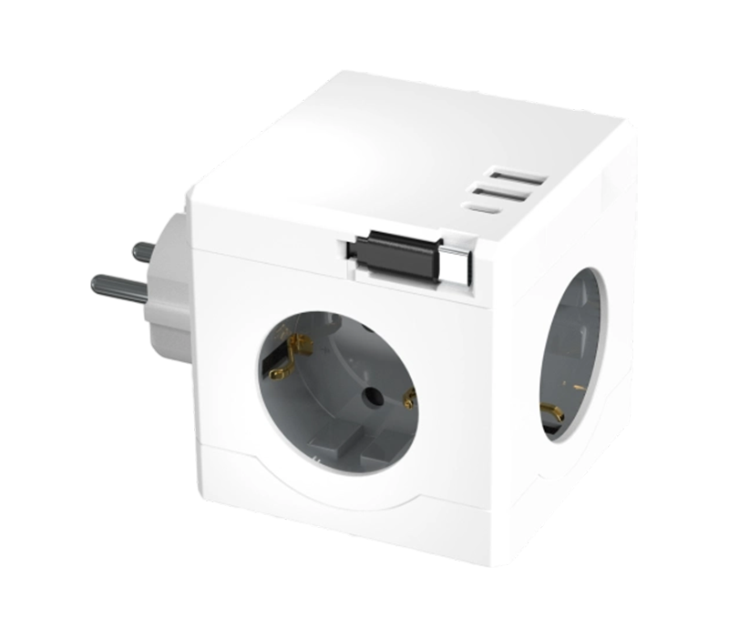 Strip Daya Kubus Plug-in E15-D dengan 3 Stopkontak Bergaya Eropa, 2 Port USB-A, dan 1 Port USB-C, Dilengkapi Kabel Pengisi Daya yang Dapat Ditarik