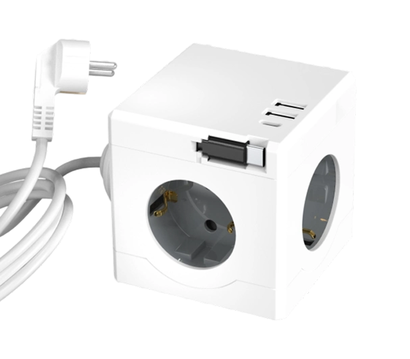 Strip Daya Kubus Berkabel E16-D dengan 3 Stopkontak Bergaya Eropa, 2 Port USB-A, dan 1 Port USB-C, Dilengkapi Kabel Pengisi Daya yang Dapat Ditarik