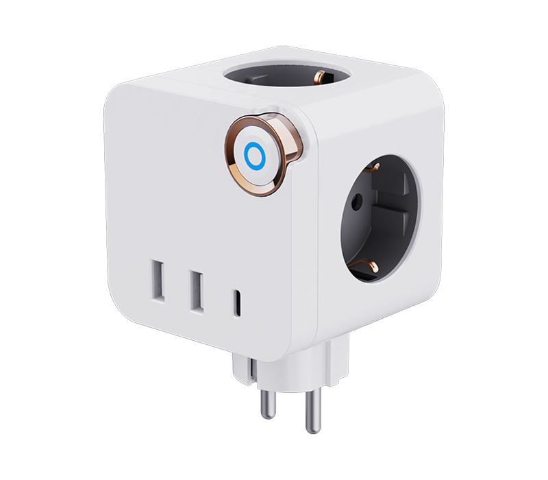 Strip Daya Kubus Plug-In E19 dengan 3 Stopkontak Bergaya Eropa, 2 Port USB-A, dan 1 Port USB-C, dengan Sakelar